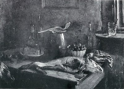 Keukenstilleven, schelvis en rundvlees door Lovis Corinth